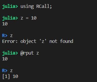 Using Julia variable in R - @rput method