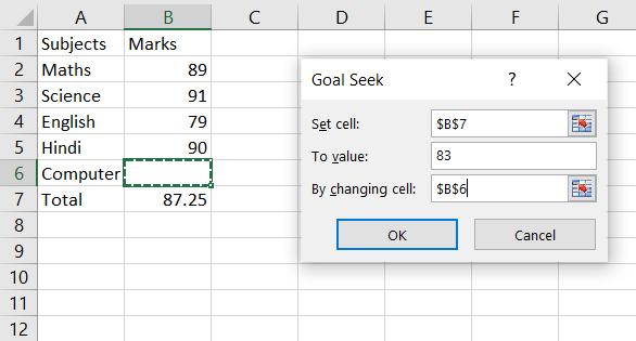 Enter the values in the Goal Seek Dialog box.