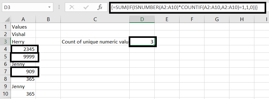 count unique numbers in Excel.