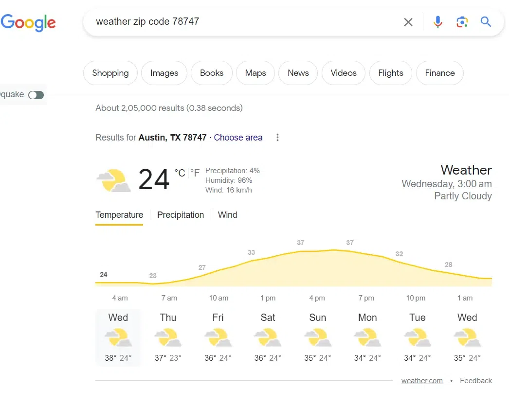 Google the weather of an area