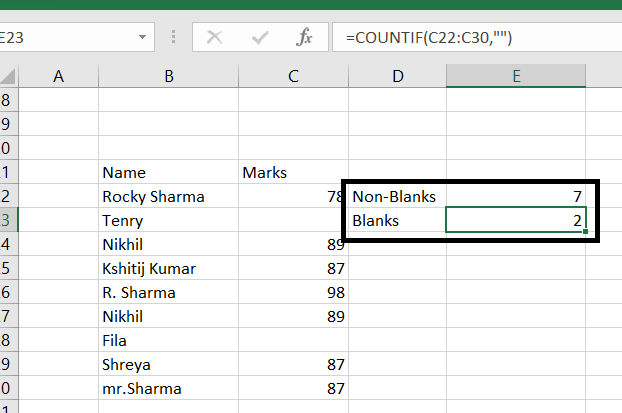 Count of Blank and non - blank cells.