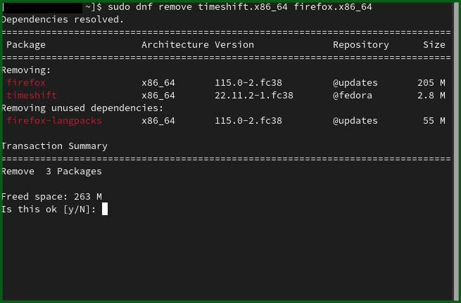 An image showing the removal of multiple apps using dnf-GFG