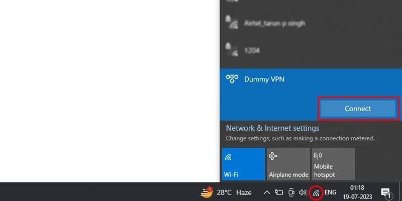 Click on Connect to VPN