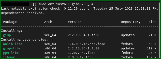 An image showing the installation of gimp using dnf-GFG