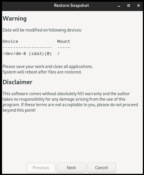 GFG_An image showing the warning before restoring snapshot in timeshift