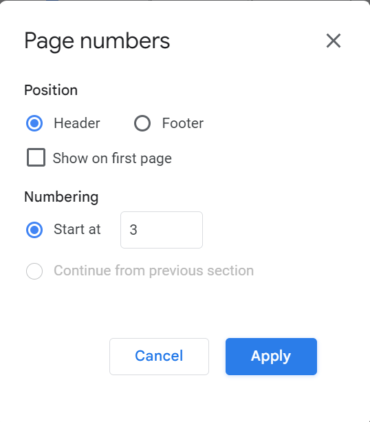 Select the Page Numbering Style