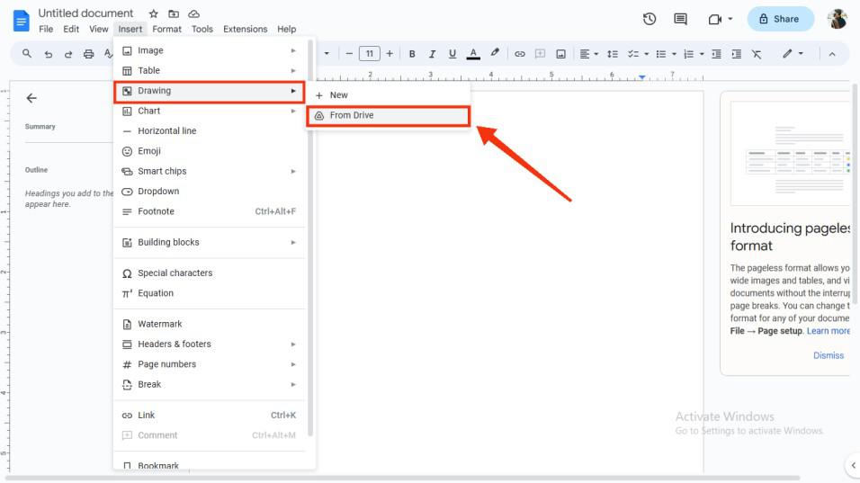 Click on Insert and Select Drawing from Google Drive