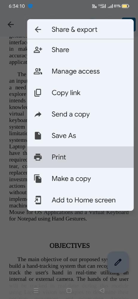 Clicking on the option Print