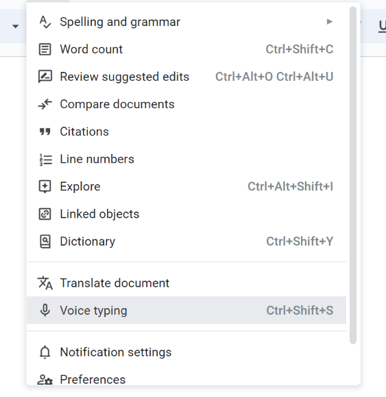 Selecting Voice Typing from Tools Menu