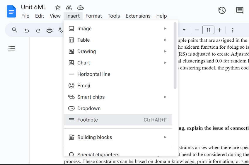 Selecting the option Footnotes