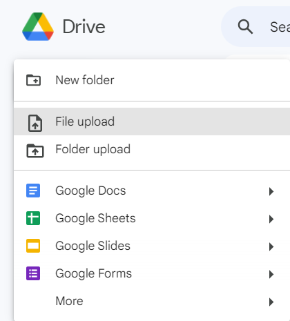 Open Google Drive, Click New, and Select File Upload