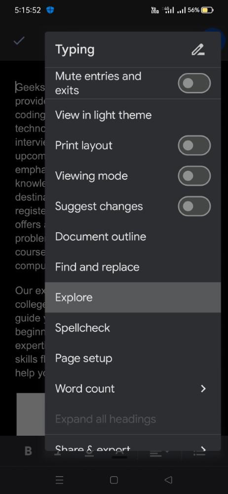 Selecting Explore Option