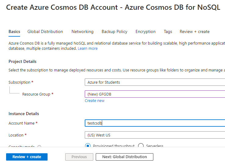 Configure Azure Cosmos DB 