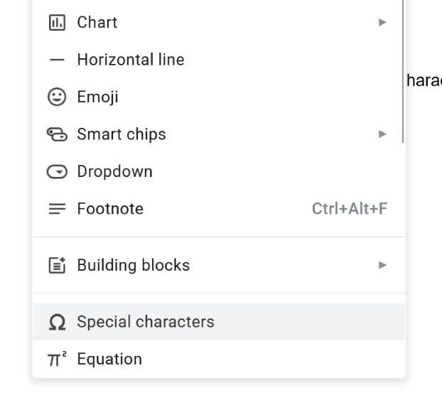 Selecting the Special Characters option