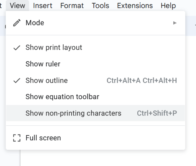 Selecting show non-printing characters option