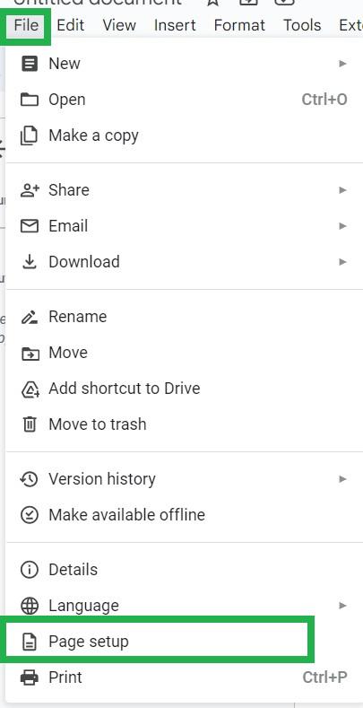 Navigate to the File Menu and Select Page Setup