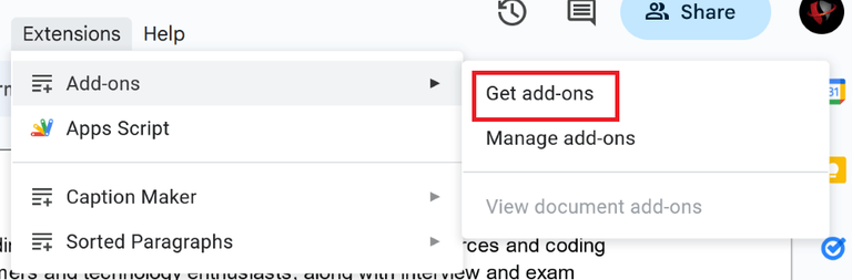 Selecting Get add-ons Option