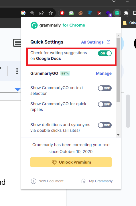 Enabling Grammarly on Google Docs