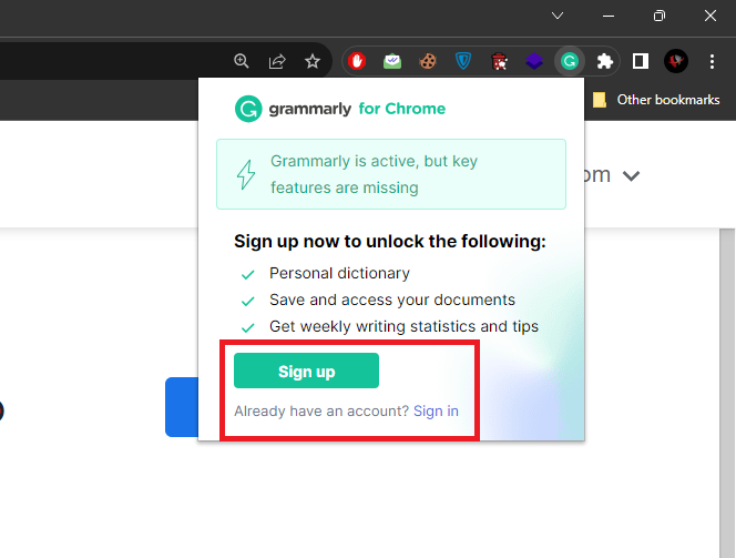 Login/Signup on Grammarly