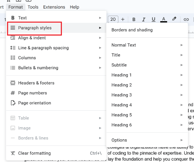 Selecting Paragraph Styles Option