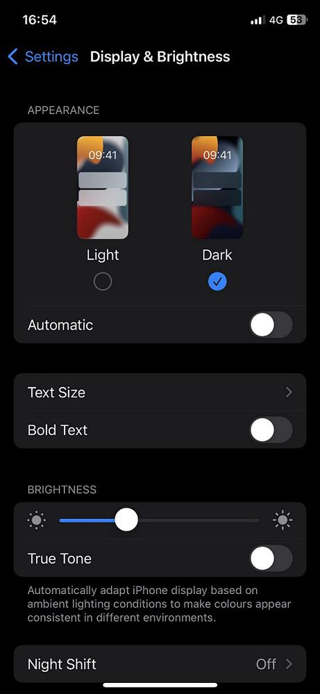 Dark Mode enabled on the iOS device