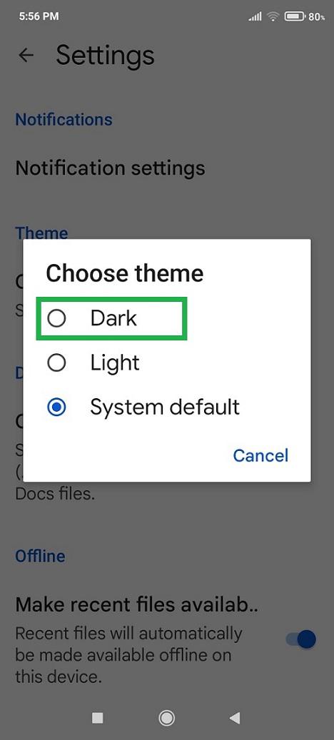 Select the Dark theme in the popup