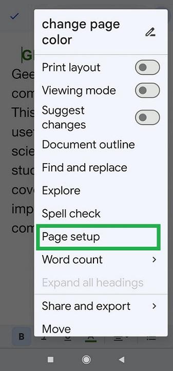 Select Page setup in the panel opened