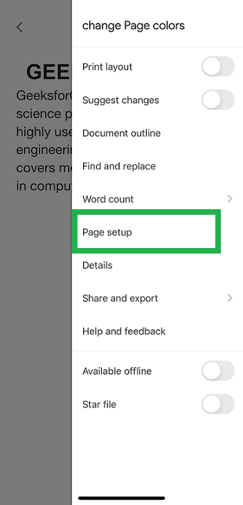 Select Page setup in the Panel opened