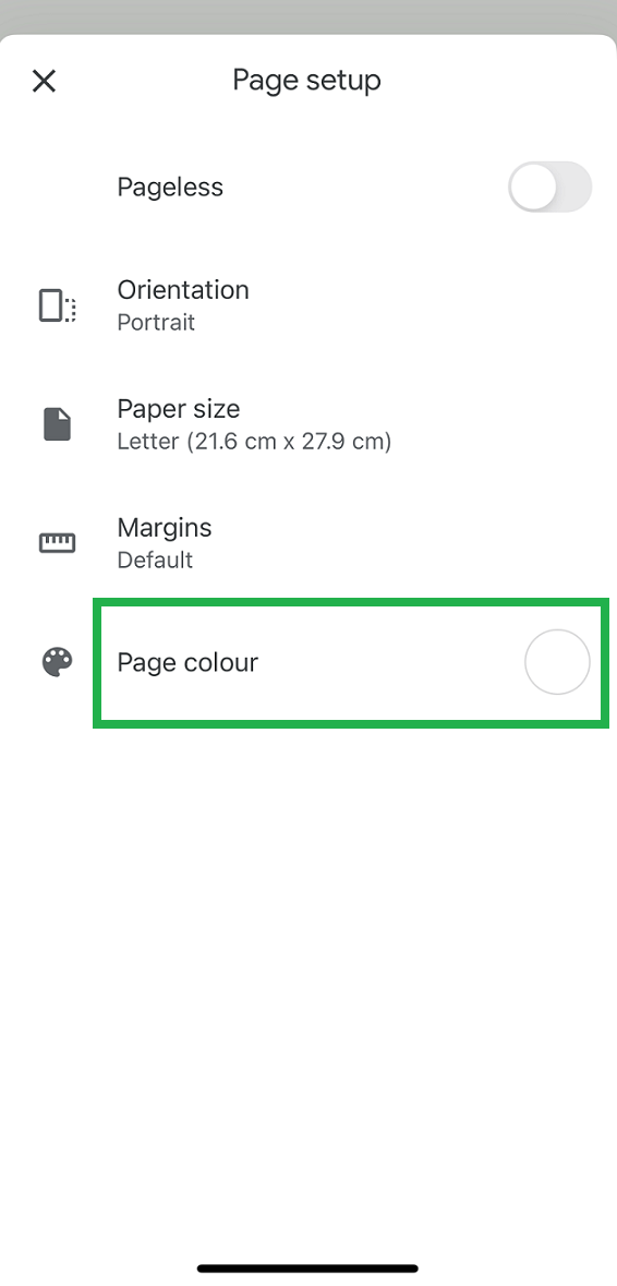 Tap Page color in the page setup