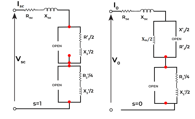 Simplified equivalent circuit of single induction motor with locked rotor and at no load