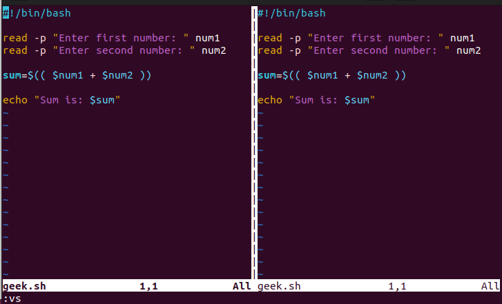 Splitting Vim Screen Horizontally and Vertically in Linux