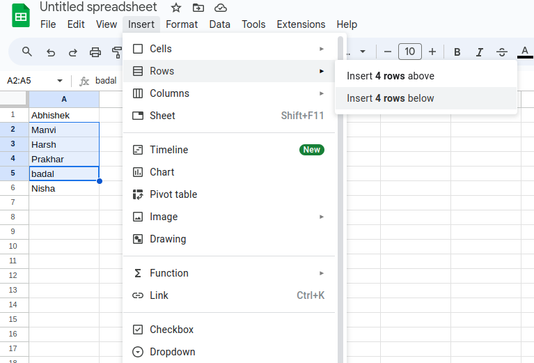 How to Insert Multiple Rows in Google Sheets - GeeksforGeeks