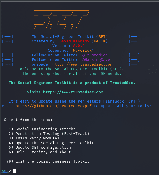 Launch the Social-Engineer Toolkit (SEToolkit)