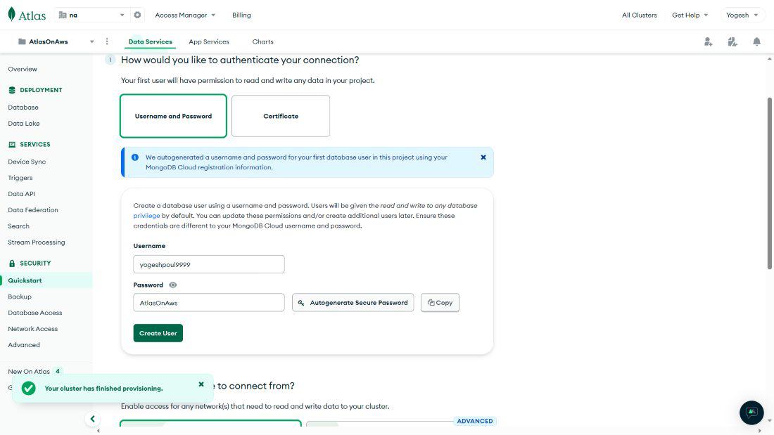 create a username and password for a particular cluster