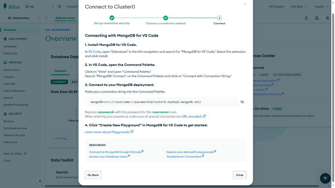 Instructions to connect to cluster with MongoDB for VS Code