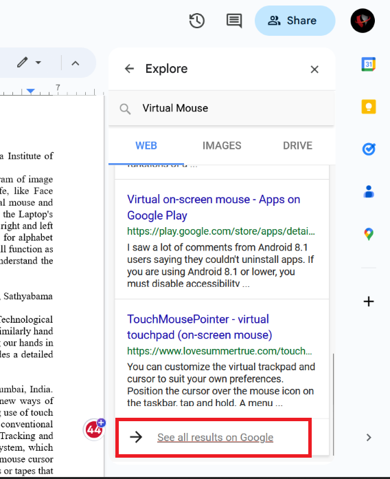 Clicking on See all results on Google Option
