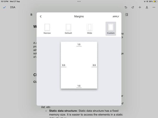 Select Custom Margins and Add the Custom Values