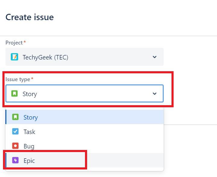 Select Issue Type 'Epic' from the drop-down.