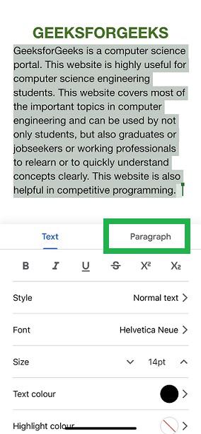 Tap on the Paragraph Tab