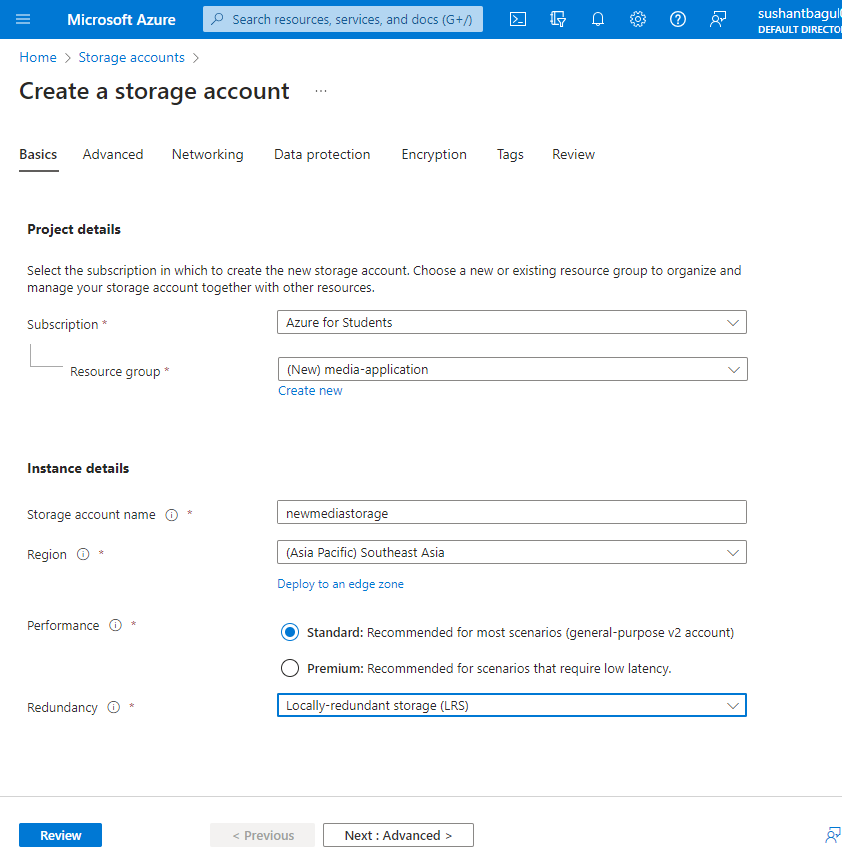 Azure Portal : storage account: Create storage account