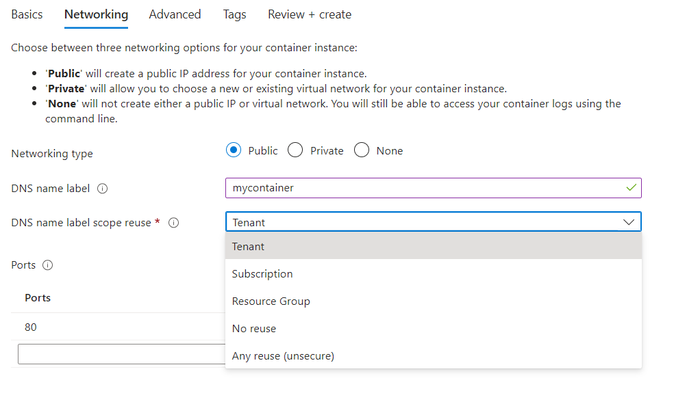 Container Instance details 