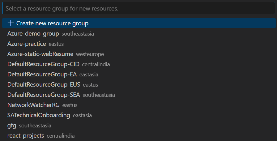 Create new resource group 