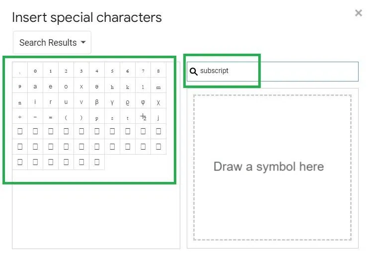 Enter Subscript in the search bar