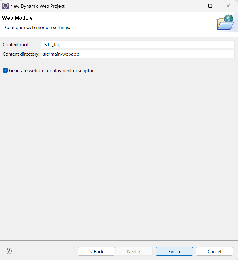 Select " Generate web.xml deployment descriptor" and click on Finish