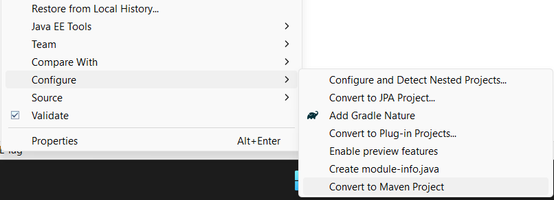 Right-click on the project name and click on Configure the Convert to Maven Project