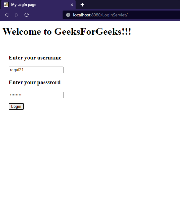 Login page details entered servlet myeclipse