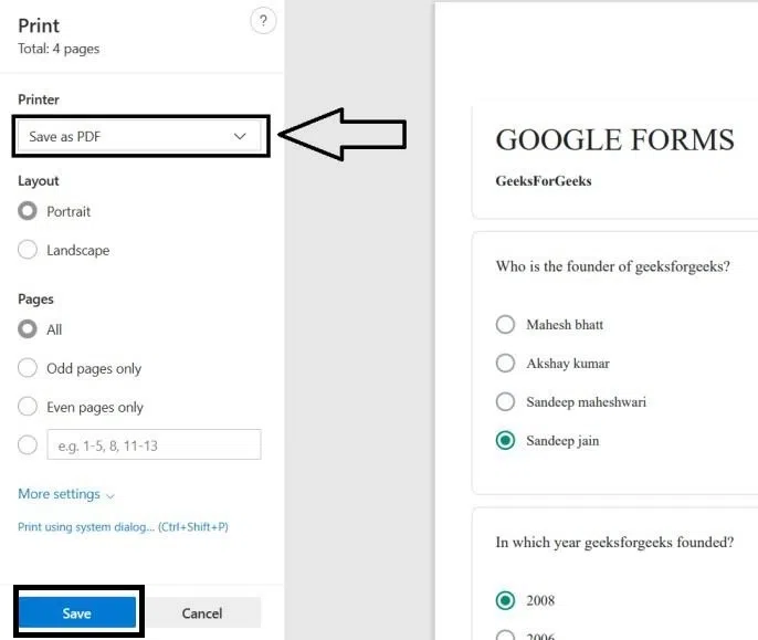 Go to Save the responses as a PDF and Click on Save Button