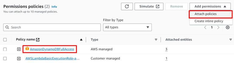 Adding "AmazonDynamoDBFullAccess" policy to Lambda