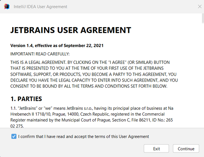 Confirming the JetBrains Agreement