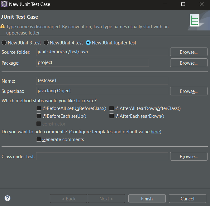 Setting Test cases for JUnit 